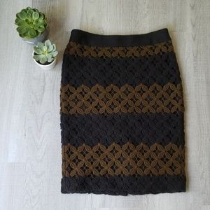 LOFT Black and Brown Lace-Overlay Pencil Skirt